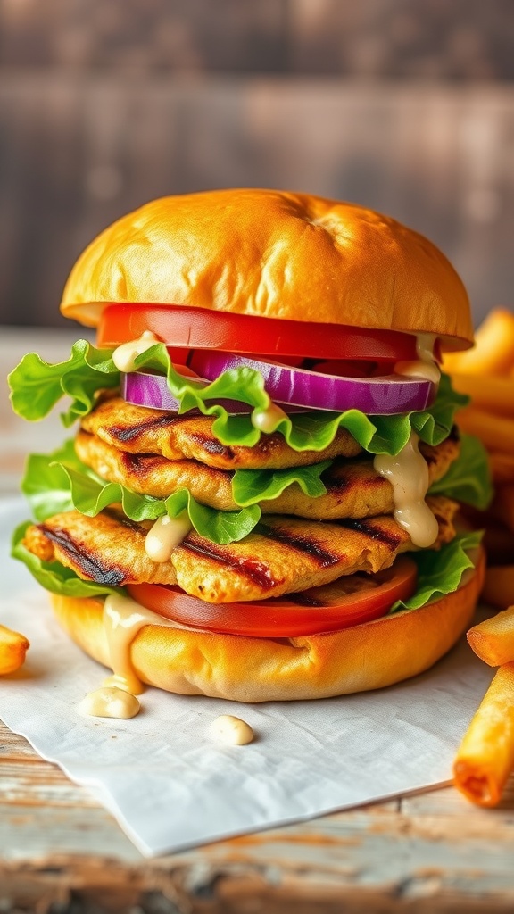A grilled chicken burger with lettuce, tomato, and onion on a bun, served with fries.